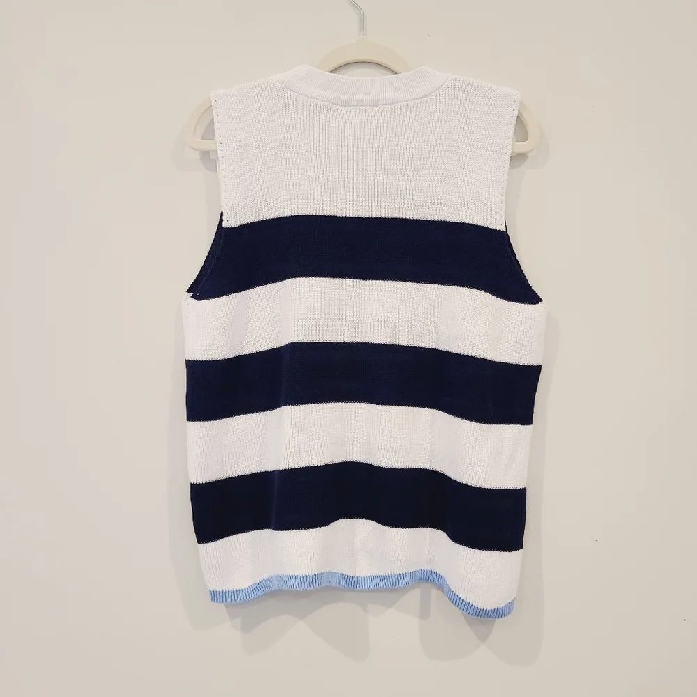 Crown & Ivy White And Navy Striped  Cotton Knit Sweater Tank Top - Picture 5 of 8